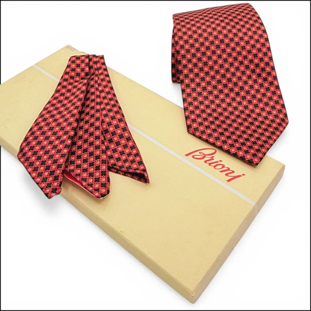 Brioni Micro Geometric Silk Tie Pocket Square Box Set Red Navy Italy Handmade XL